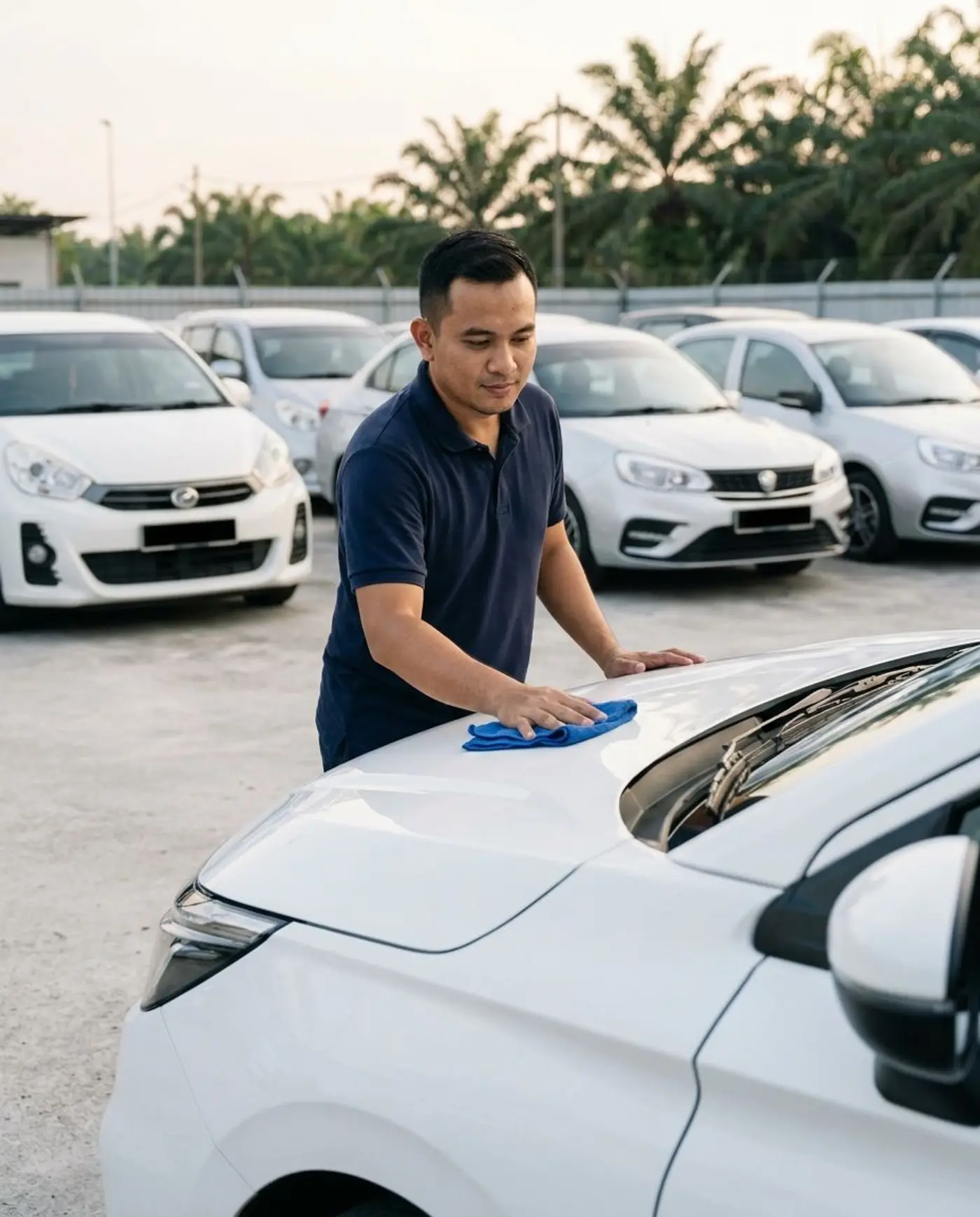A RoadMate driver wiping down a white Honda City in the yard before a delivery