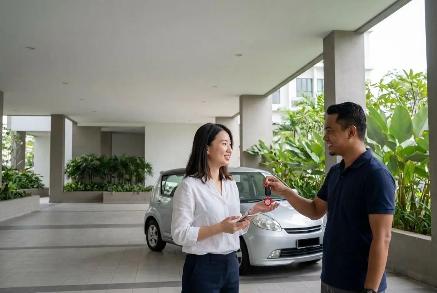A RoadMate driver hands car keys on a red ring to a customer at a Shah Alam condo drop-off