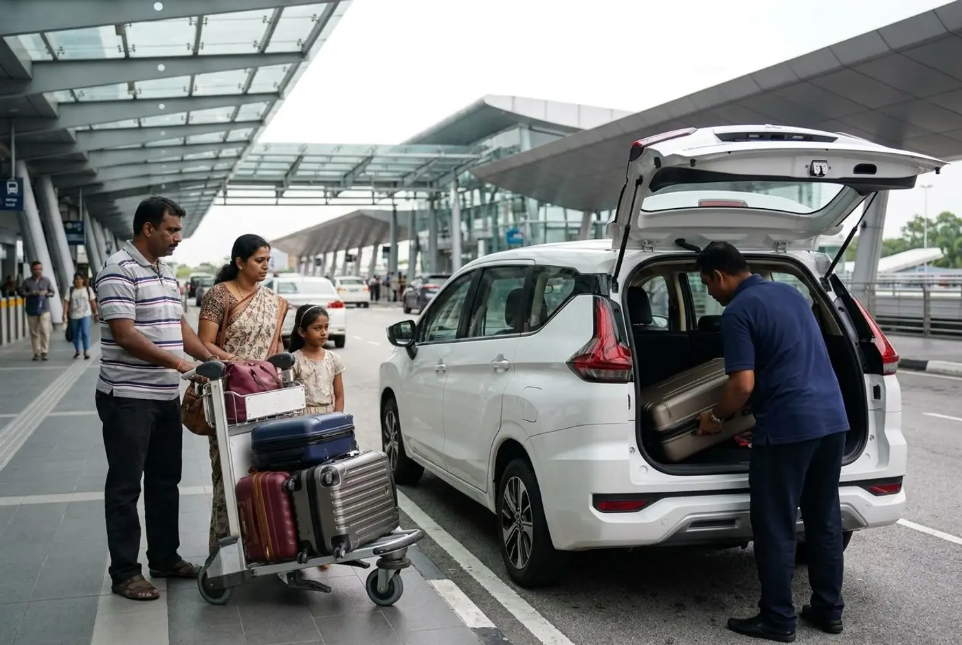 A RoadMate driver loading a family's suitcases into a white Mitsubishi Xpander at the KLIA arrivals kerb